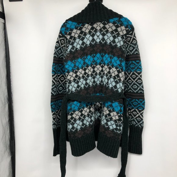 Peak Performance Blue Grey Multicolor Argyle Sweater Cardigan waist tie size M - Picture 2 of 16